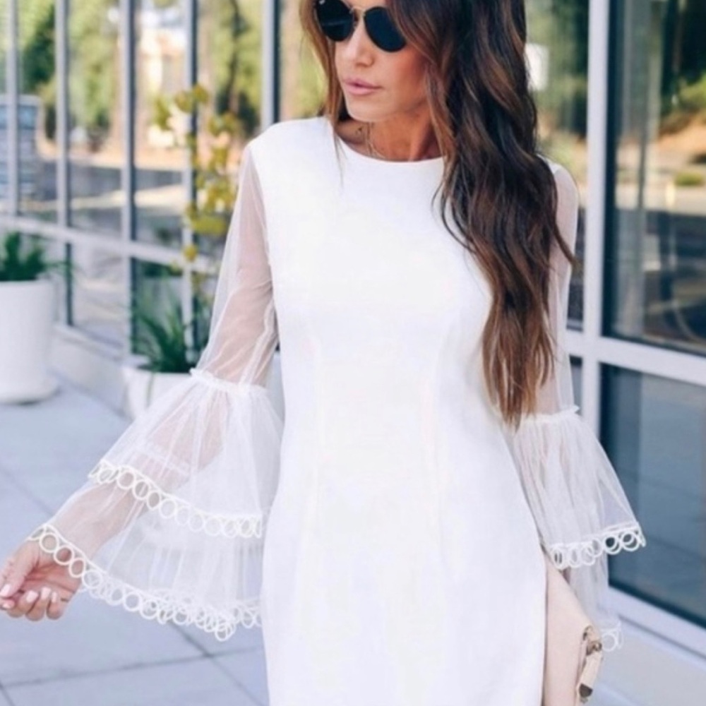 Elegant White Dress with Sheer Bell Sleeves